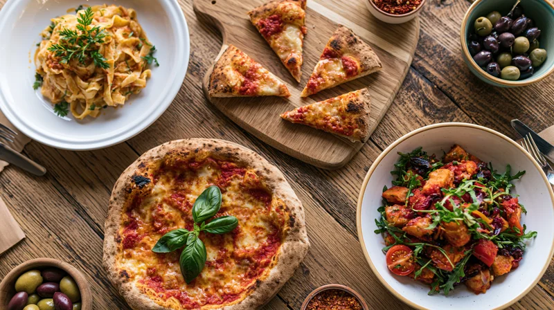 Overhead flat-lay of an italian meal with pizza, pasta, salad, and olives on a rustic wooden table