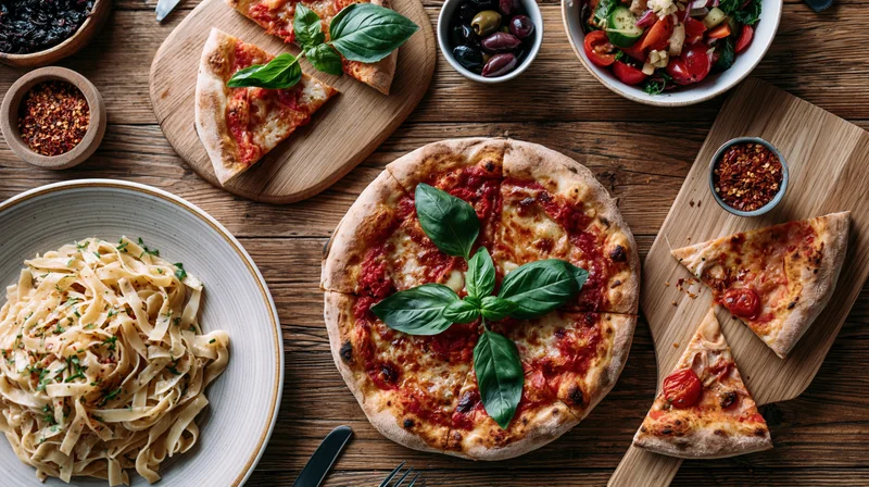 Overhead flat-lay of an italian meal with pizza, pasta, salad and garnishes on a rustic wooden table