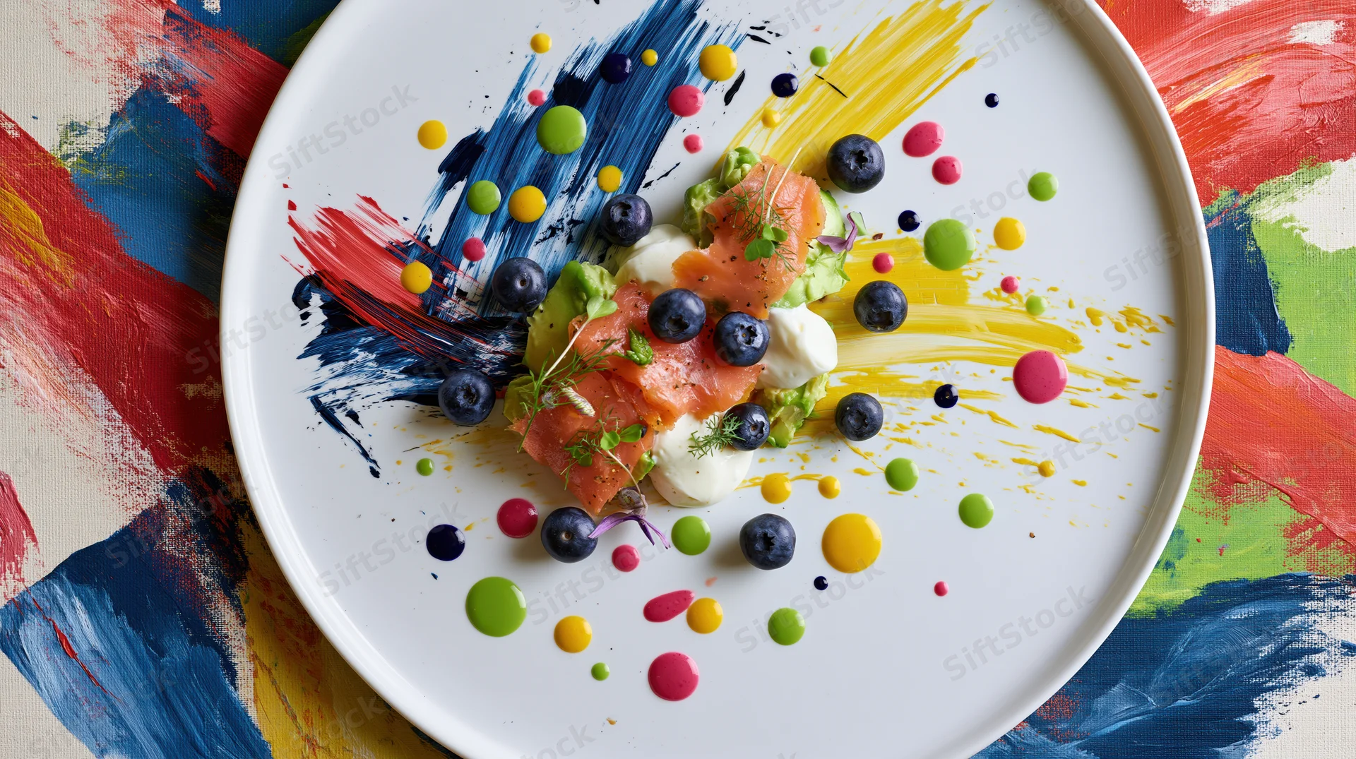 Smoked salmon and avocado dish with blueberries and cream on a white plate with colorful abstract paint splatters around it