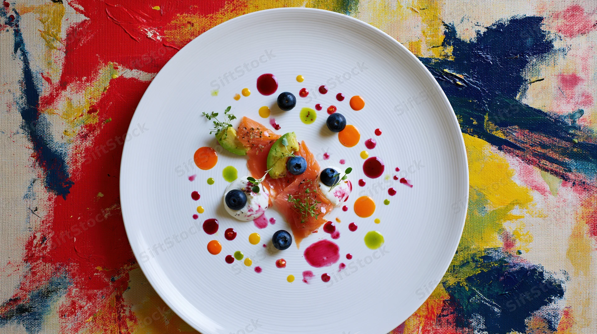 Smoked salmon dish with avocado and blueberries artfully plated on white plate over colorful abstract painted background