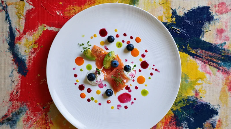 Smoked salmon dish with avocado and blueberries artfully plated on white plate over colorful abstract painted background