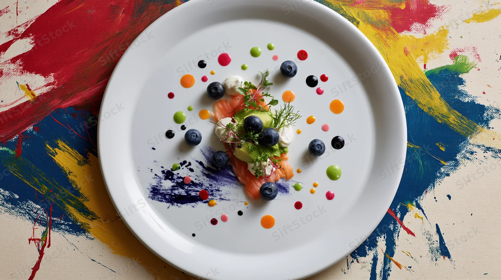 Smoked salmon with avocado and blueberries artfully plated on a white dish atop a colorful abstract painted surface