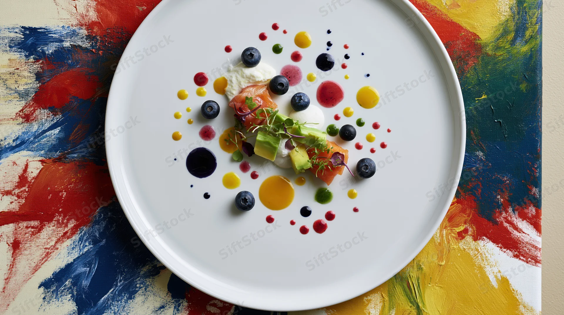 Smoked salmon and avocado dish with blueberries and colorful sauce dots on white plate over abstract painted canvas