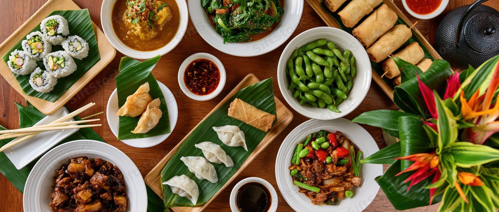 Overhead flat-lay of an asian restaurant spread with sushi, spring rolls, edamame, dumplings, stir fry, curry, sauces, chopsticks, and tropical flowers on wood