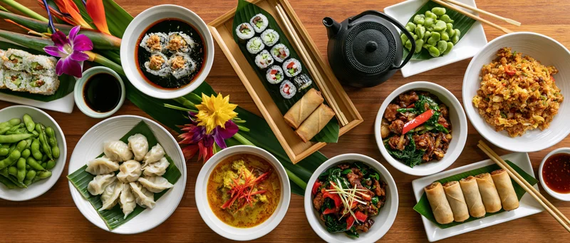 Overhead flat-lay of an elaborate asian restaurant spread with sushi, dumplings, edamame, stir-fry, curry, spring rolls, and tea on a wooden table decorated with tropical flowers and banana leaves