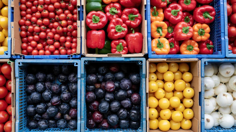 Overhead view of fresh vegetables and fruits arranged in blue crates at a market display