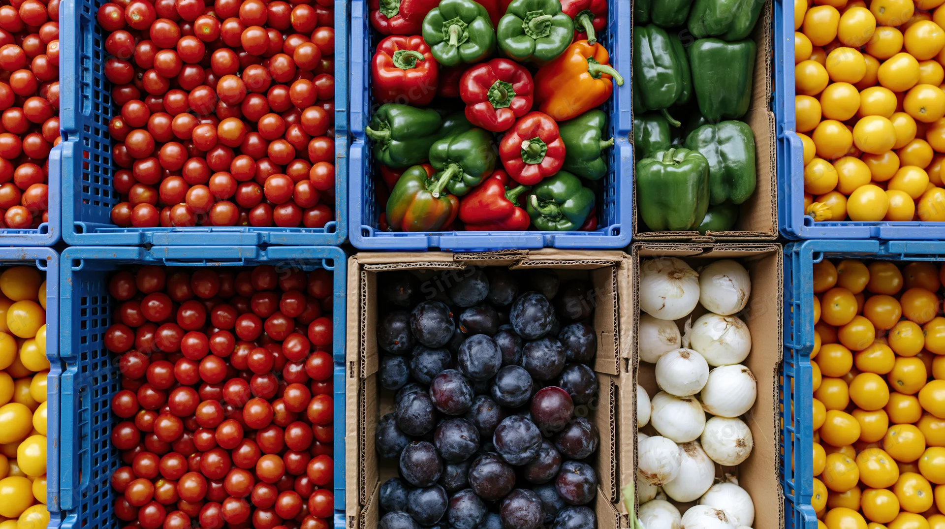 Overhead view of fresh vegetables and tomatoes arranged in blue crates and cardboard boxes at a market display