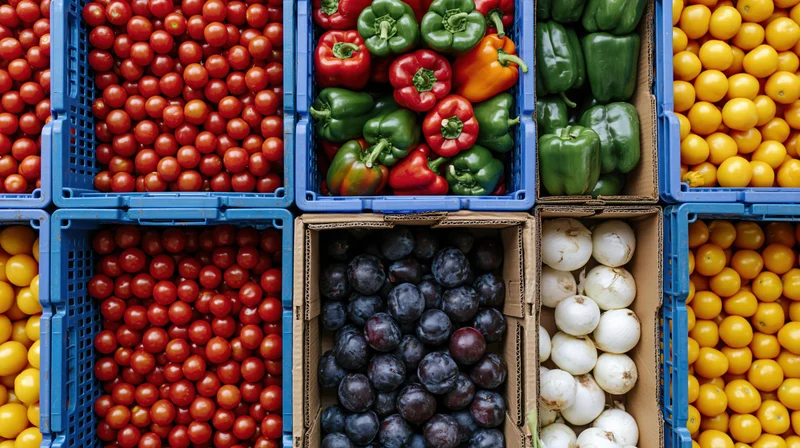 Overhead view of fresh vegetables and tomatoes arranged in blue crates and cardboard boxes at a market display
