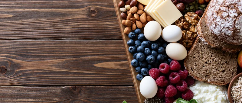 Assorted healthy breakfast ingredients arranged on a wooden board with copyspace on the left