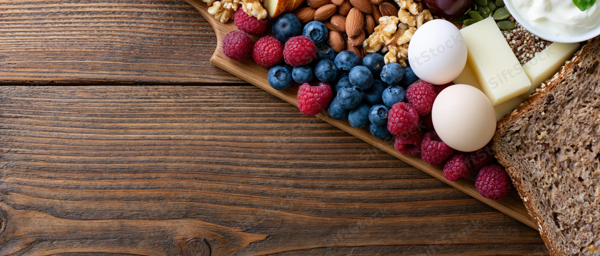 Healthy breakfast ingredients arranged on wooden board with copyspace