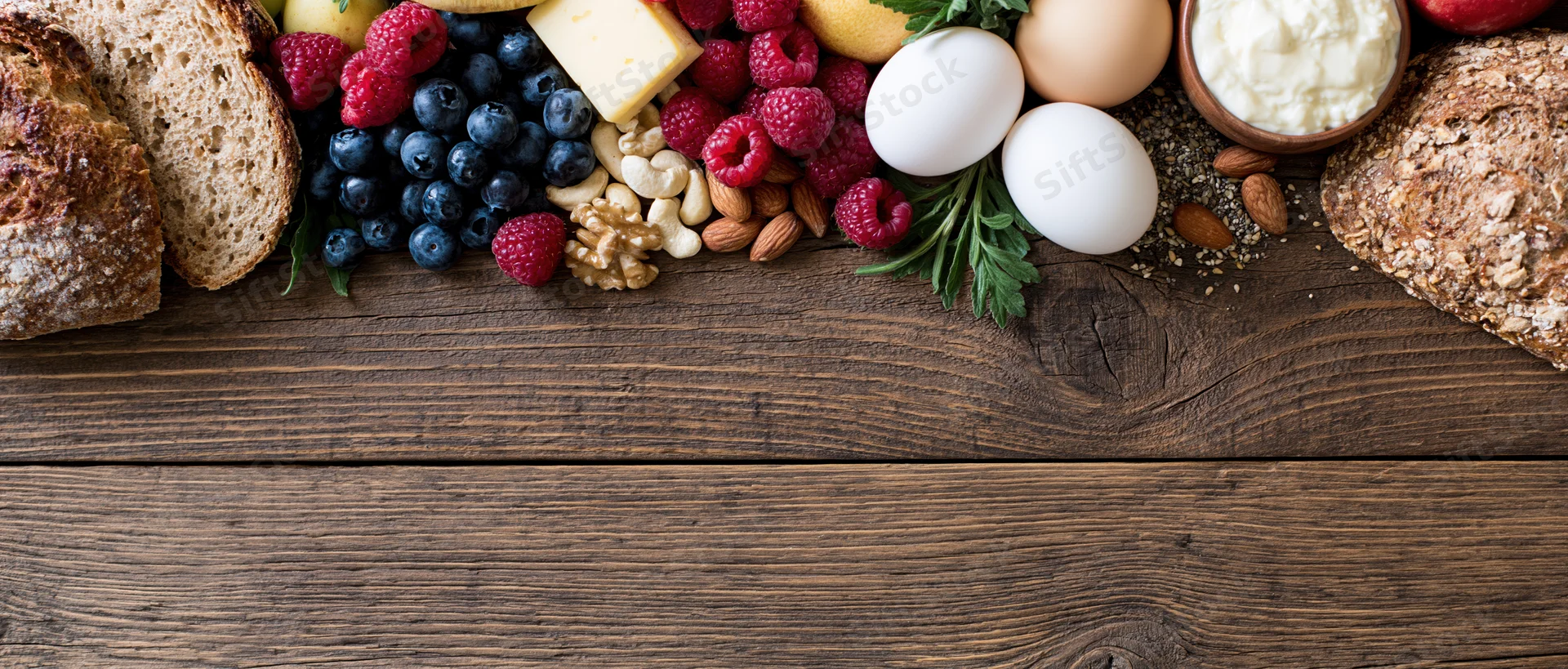 Healthy breakfast ingredients arranged in flat lay on wooden table with copyspace below