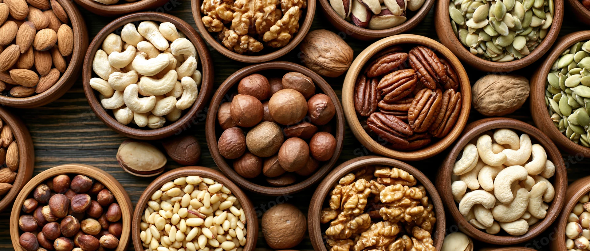 Assorted nuts and seeds in wooden bowls arranged in overhead flat lay on dark wood surface
