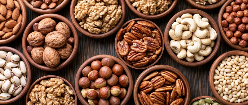 Assorted nuts and seeds in wooden bowls arranged in flat lay on dark wood surface