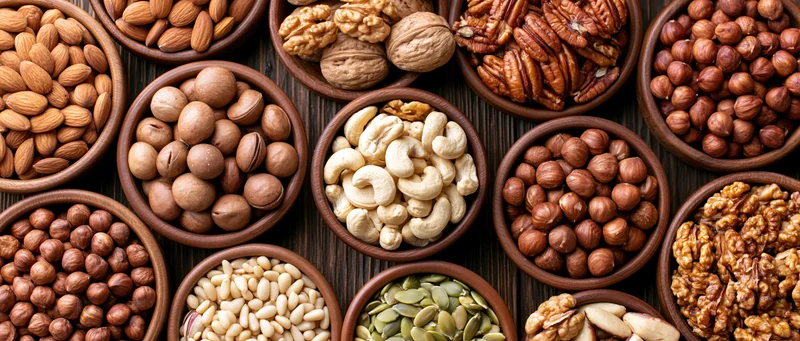 Assorted nuts and seeds in wooden bowls arranged in overhead flat lay on dark wood surface
