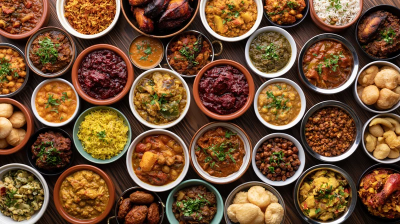Overhead flat-lay of numerous bowls and plates filled with diverse indian curries and side dishes arranged tightly on a wooden table
