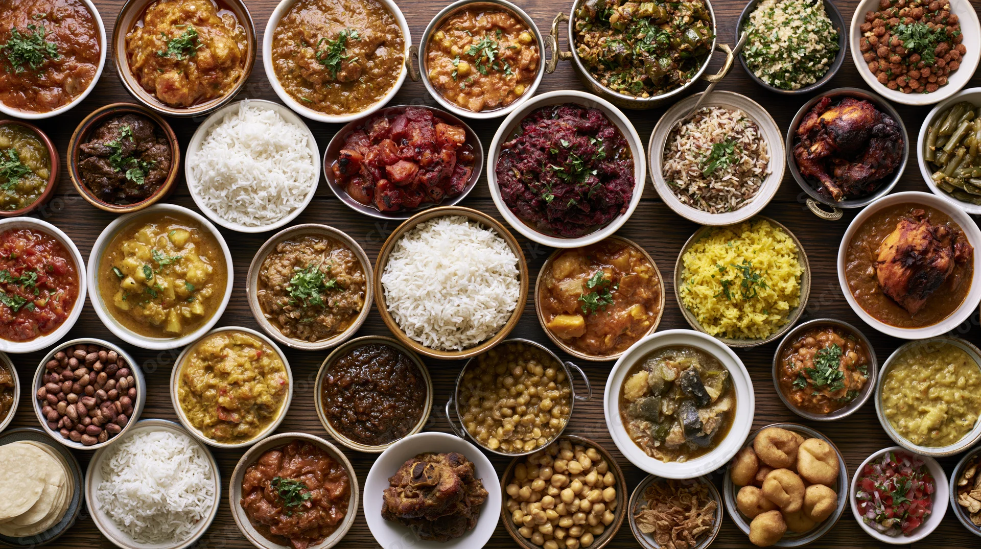 Overhead flat-lay of numerous bowls and plates filled with indian curries, rice, and side dishes arranged tightly on a wooden table