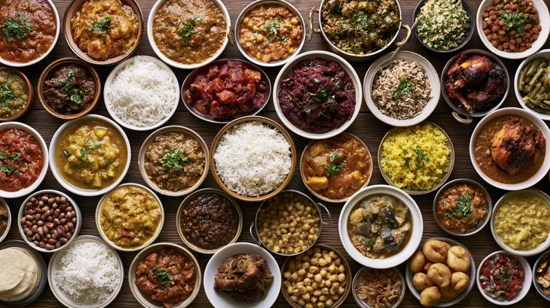 Overhead flat-lay of numerous bowls and plates filled with indian curries, rice, and side dishes arranged tightly on a wooden table