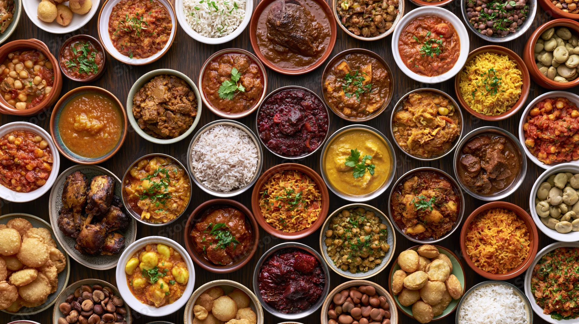 Overhead flat-lay of numerous bowls and plates filled with diverse indian dishes arranged tightly on a dark wooden surface