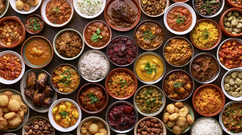 Overhead flat-lay of numerous bowls and plates filled with diverse indian dishes arranged tightly on a dark wooden surface