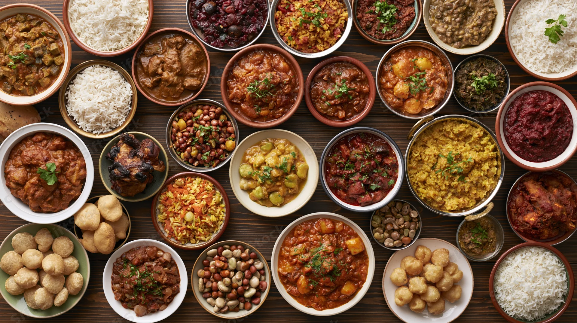 Overhead flat-lay of numerous bowls and plates filled with diverse indian curries, rice, lentils, vegetables, and snacks arranged tightly on a wooden table