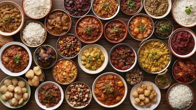 Overhead flat-lay of numerous bowls and plates filled with diverse indian curries, rice, lentils, vegetables, and snacks arranged tightly on a wooden table