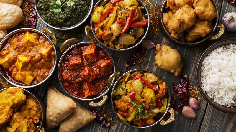 Overhead flat-lay of multiple Indian dishes arranged on a wooden table with bowls of curry, rice, samosas, naan, and spices