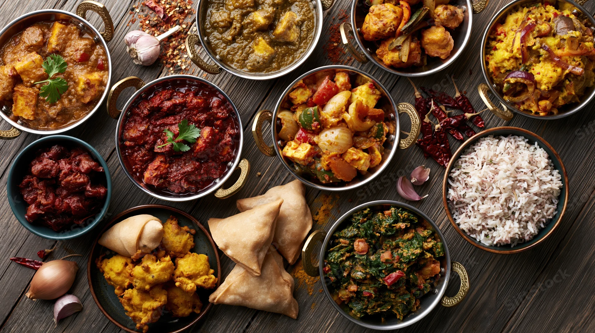 Overhead flat-lay of multiple indian dishes arranged on a wooden table with spices and garnishes