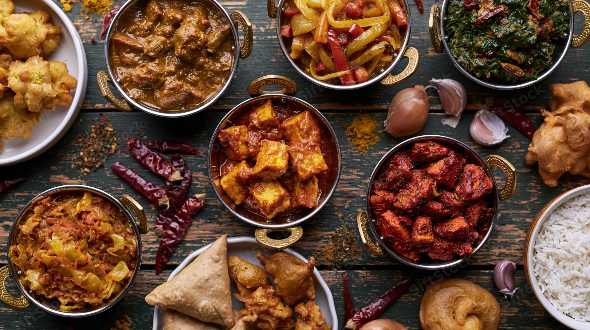 Overhead flat-lay of multiple indian dishes arranged on a wooden table with spices and garnishes
