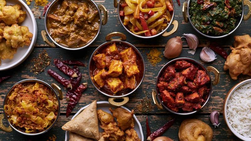 Overhead flat-lay of multiple indian dishes arranged on a wooden table with spices and garnishes