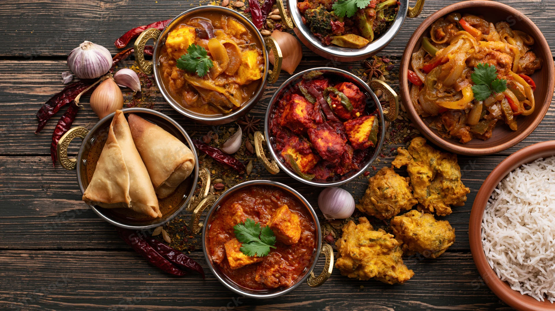 Multiple indian dishes arranged in bowls and plates on a dark wooden table with spices and herbs scattered around
