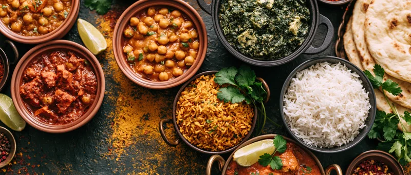 Overhead flat-lay of multiple indian dishes arranged on dark surface with bowls of curry, rice, naan and garnishes