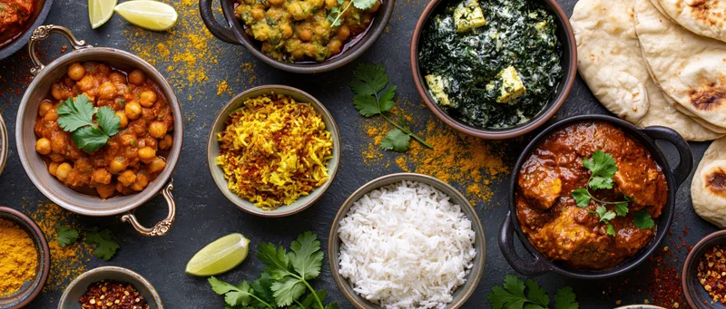 Overhead flat-lay of multiple indian dishes including curry, rice, naan, and spices arranged on dark slate surface