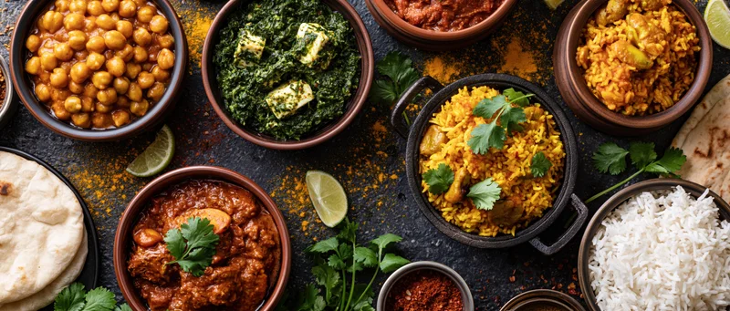 Overhead flat-lay of multiple indian dishes arranged on dark surface with bowls of curry, rice, naan, and garnishes