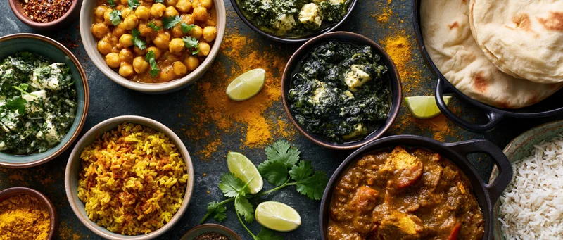Overhead flat-lay of multiple indian dishes including curry, rice, naan, and vegetables arranged on dark surface