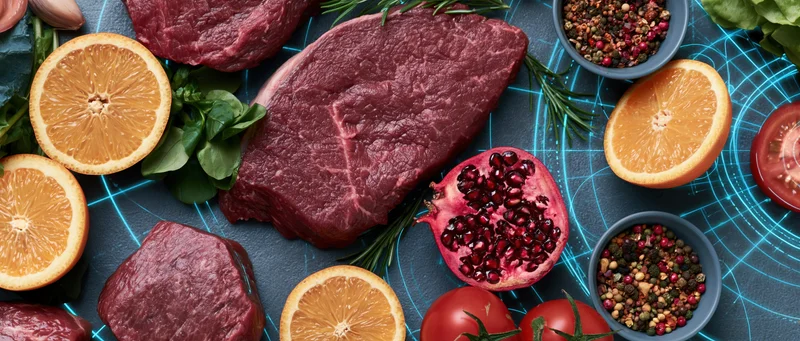 Raw beef cuts and fresh produce arranged in a flat lay on a dark surface with digital grid overlay