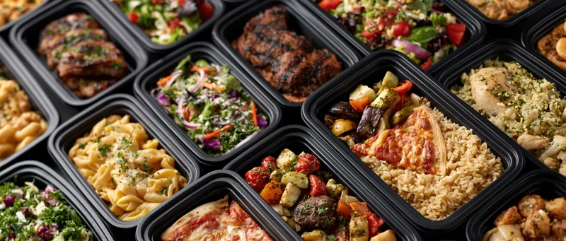 Overhead view of multiple black plastic containers filled with various prepared meals arranged in rows