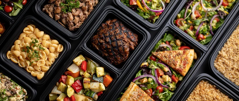 Overhead view of multiple black plastic containers filled with various prepped meals including salads, pasta, steak, pizza, and rice arranged in a grid pattern
