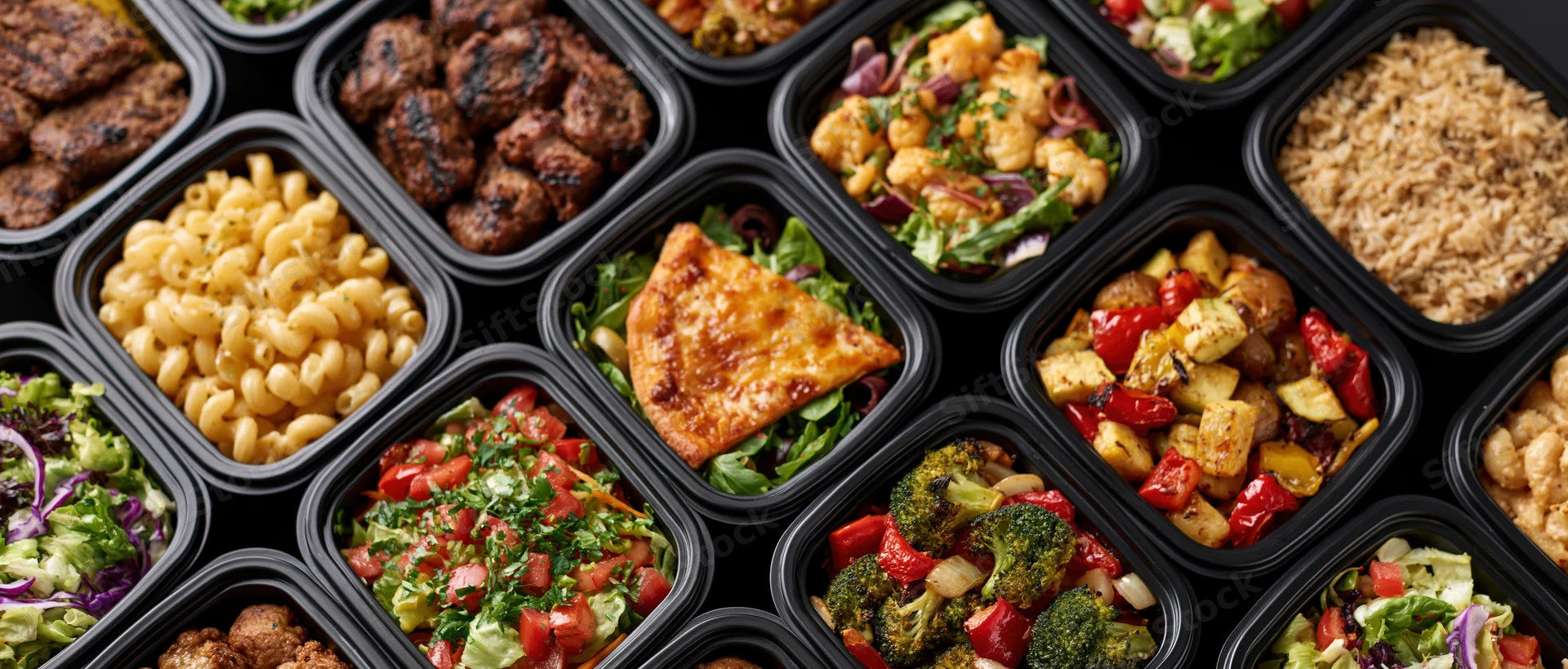 Overhead view of multiple black plastic containers filled with assorted prepped meals arranged in a grid pattern
