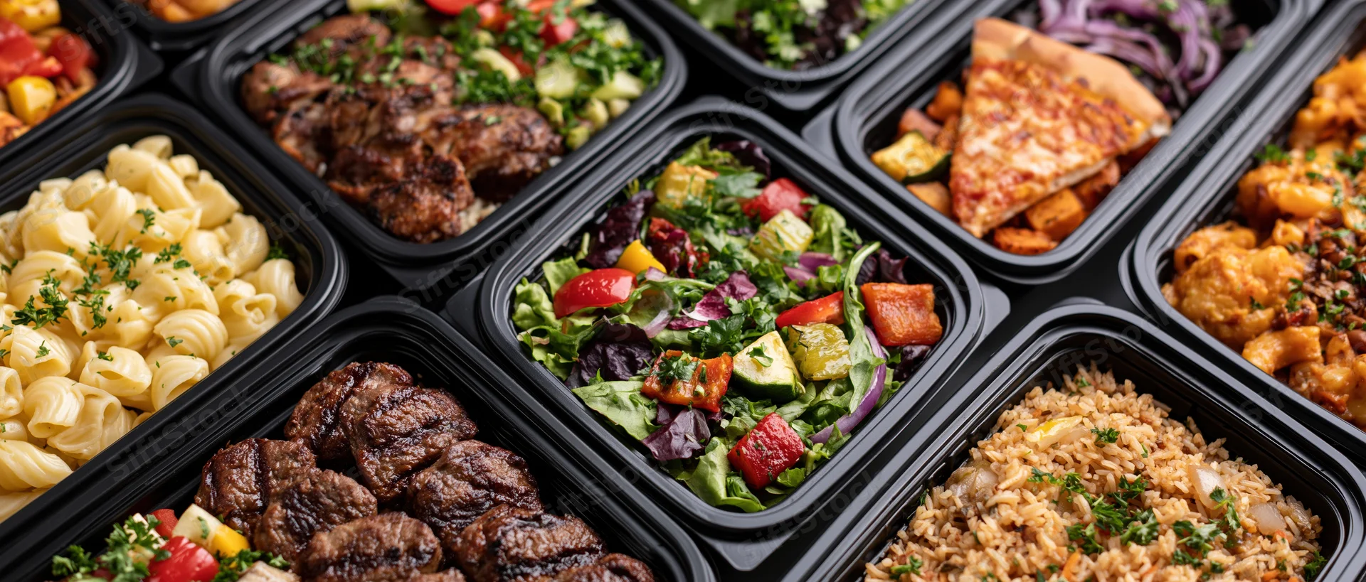 Overhead view of multiple black plastic containers filled with various prepared meals arranged in a grid pattern