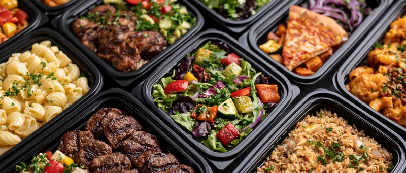 Overhead view of multiple black plastic containers filled with various prepared meals arranged in a grid pattern