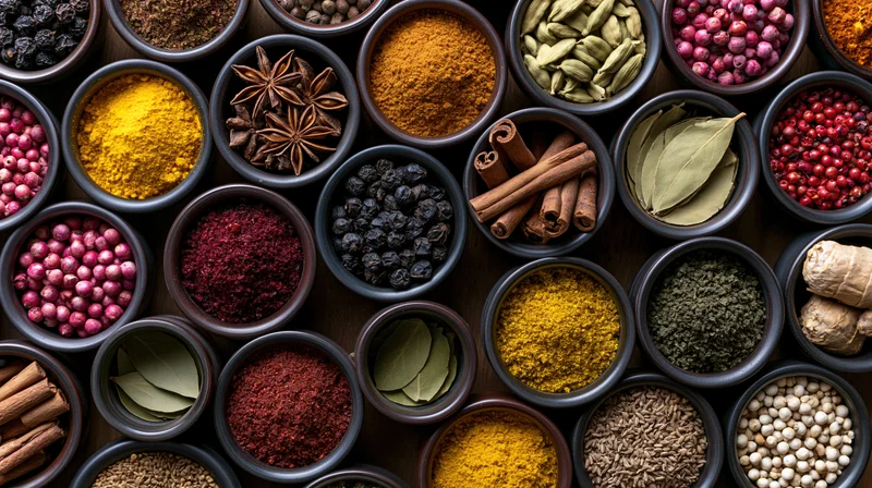 Overhead flat-lay of small dark ceramic bowls filled with various spices and herbs arranged on a wooden surface
