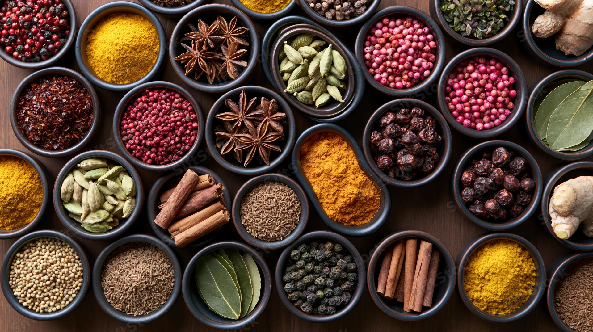 Overhead flat-lay of dark ceramic bowls filled with various spices arranged on a wooden surface
