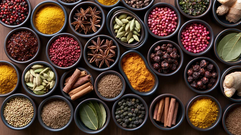 Overhead flat-lay of dark ceramic bowls filled with various spices arranged on a wooden surface