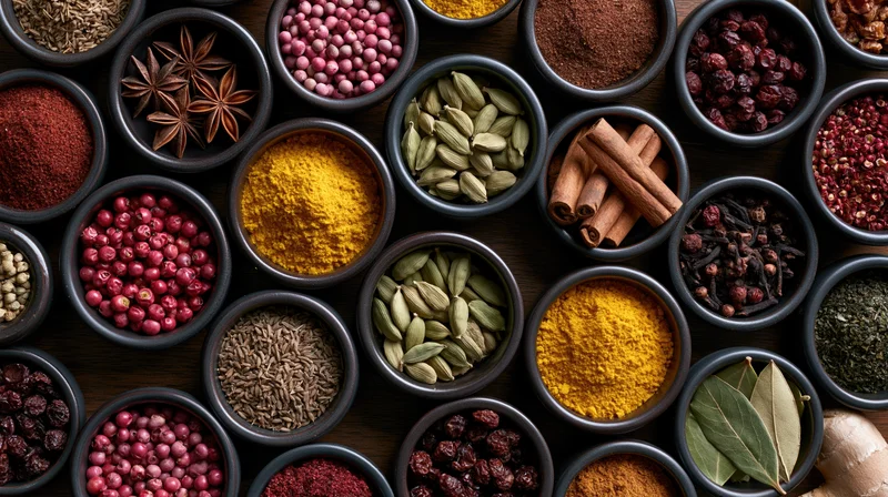 Overhead flat-lay of multiple dark ceramic bowls filled with various spices and herbs arranged on a wooden surface