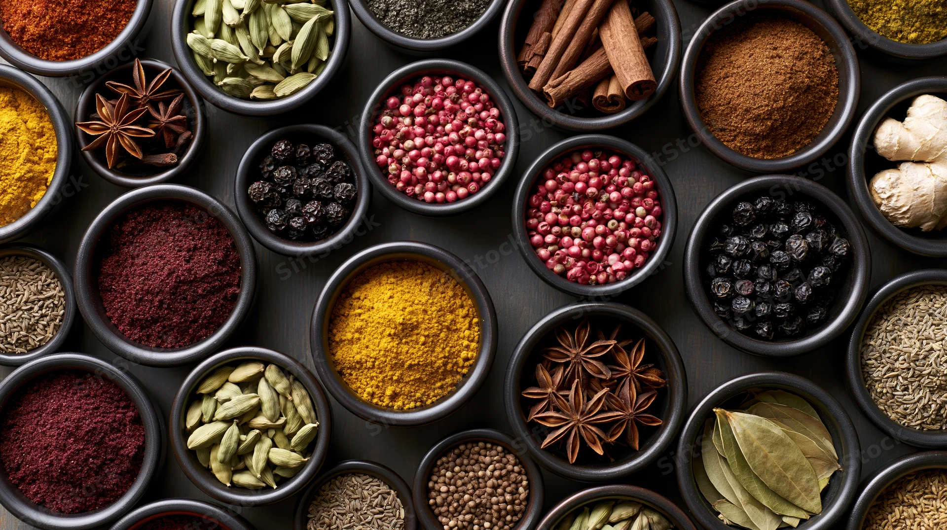 Overhead flat-lay of dark ceramic bowls filled with various whole and ground spices arranged on a dark surface