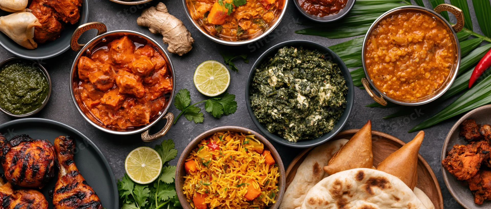 Overhead flat-lay spread of indian dishes including curry, biryani, naan, samosas, and chutney on dark surface