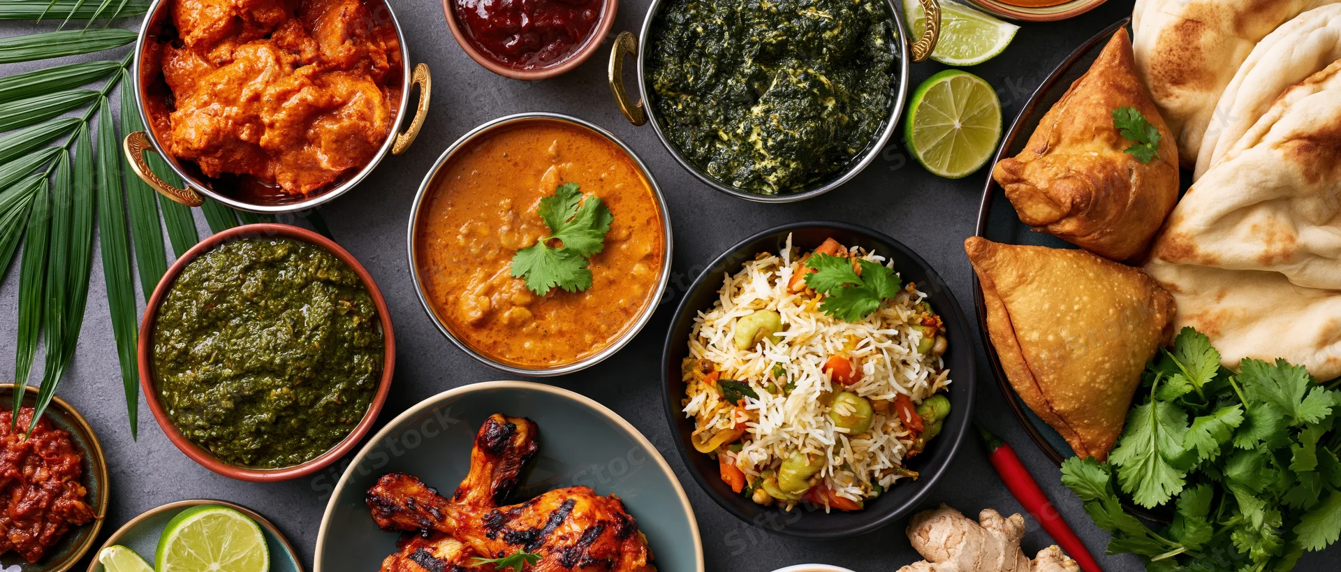 Overhead flat-lay of indian dishes including curry, rice, naan, samosas and tandoori chicken on dark surface