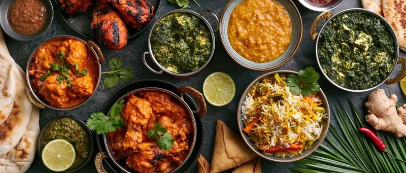 Overhead flat-lay spread of indian dishes including curry, biryani, naan and chutney on dark surface