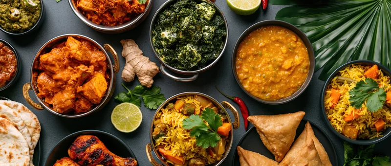 Overhead flat-lay of indian dishes including curry, rice, naan and samosas arranged on dark surface