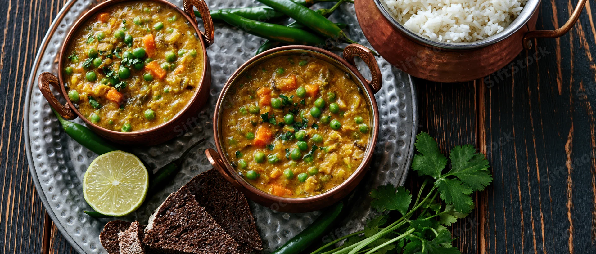 Indian vegetable curry with green peas served in copper bowls on a dark wooden table with rice, lime, cilantro, and green chilies